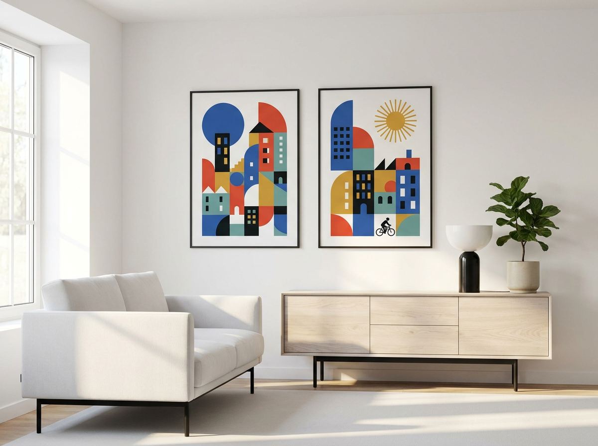 A pair of geometric city prints over a sideboard