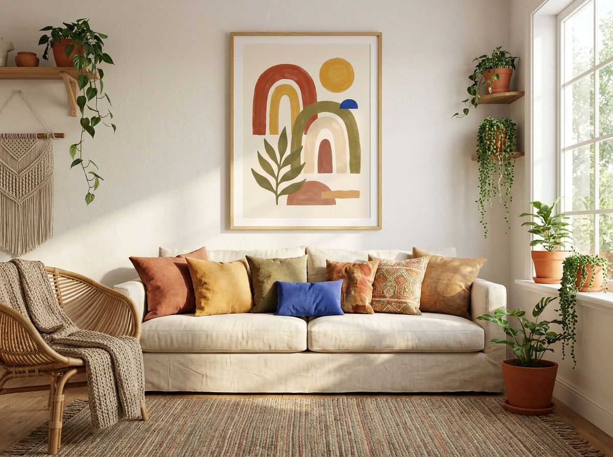 A bohemian abstract print above a sofa